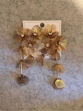 Gold Floral Drop Earrings with Crystal Centers